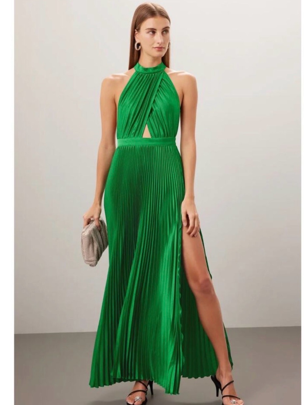 Halter Neck Pleated Maxi Dress in Emerald Green